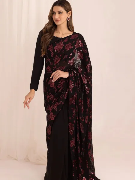 Crepe Silk Sequence Embroidered Night Black Saree With Blouse And Belt
