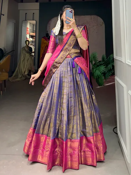 Kanjivaram Silk Half Saree Blue Color Lehenga With Dupatta Banarasi Silk  Blouse South Indian Wedding Woman Saree Lengha Classic Wear Lehenga - Etsy