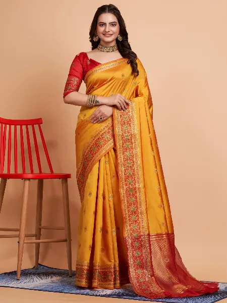 Yellow Color Satin Silk Saree With Blouse and Embroidery Work Belt and Lace